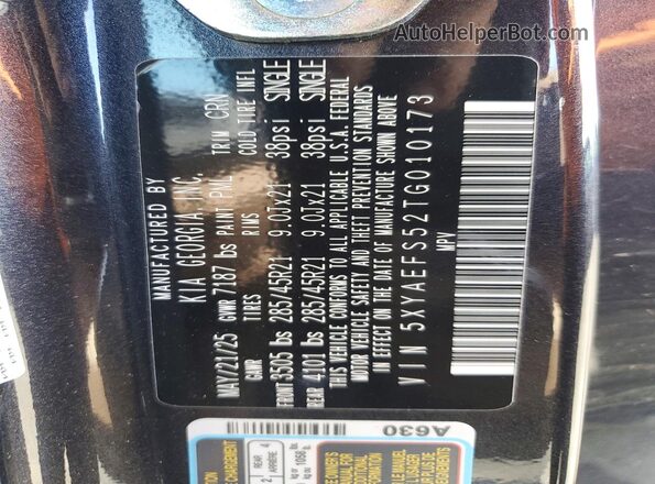 5XYAEFS52TG010173 2026 KIA EV9 Gray VIN კოდის სტიკერის ხედი