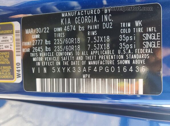 5XYK33AF4PG016436 2023 KIA SPORTAGE Blue VIN კოდის სტიკერის ხედი