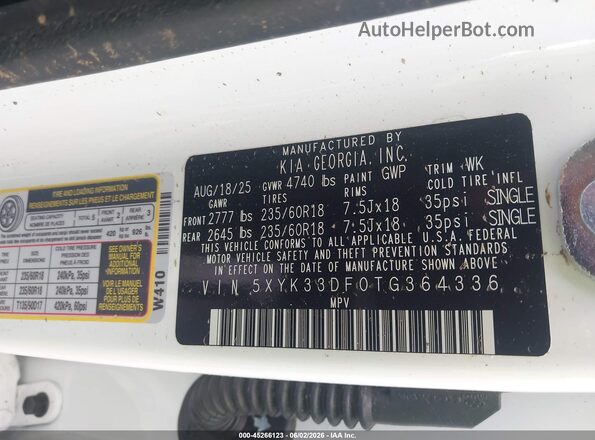 5XYK33DF0TG364336 2026 KIA SPORTAGE White Вид підкапотного простору