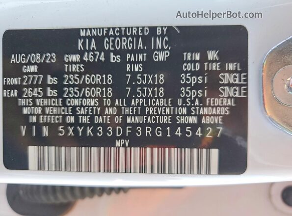 5XYK33DF3RG145427 2024 KIA SPORTAGE White Vista interior de 360 grados