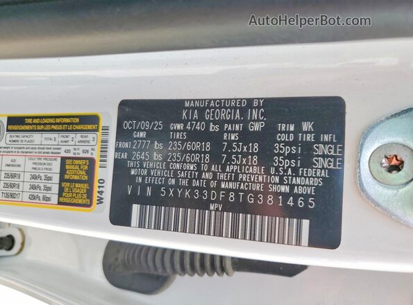 5XYK33DF8TG381465 2026 KIA SPORTAGE White Widok naklejki z numerem VIN