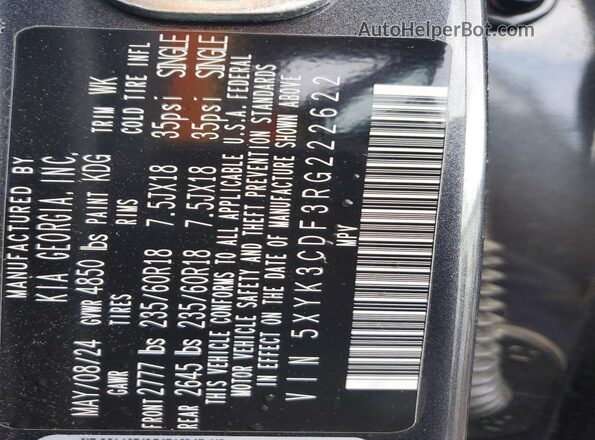 5XYK3CDF3RG222622 2024 KIA SPORTAGE Gray VIN sticker view