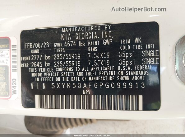 5XYK53AF6PG099913 2023 KIA SPORTAGE White Vista del compartimento del motor