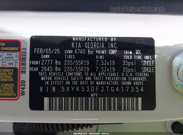 5XYK53DF2TG417354 2026 KIA SPORTAGE White Engine compartment view