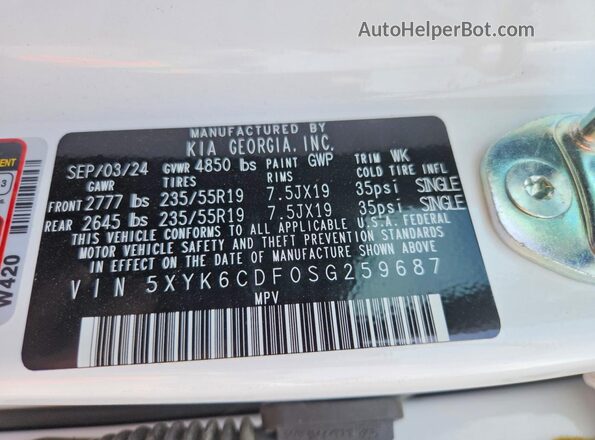 5XYK6CDF0SG259687 2025 KIA SPORTAGE White VIN կոդի պիտակի տեսք