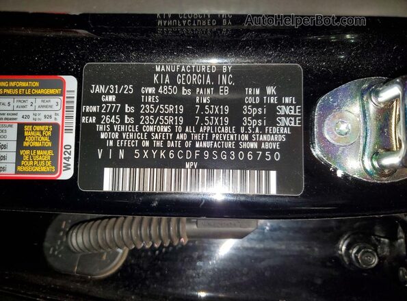 5XYK6CDF9SG306750 2025 KIA SPORTAGE Black Widok naklejki z numerem VIN
