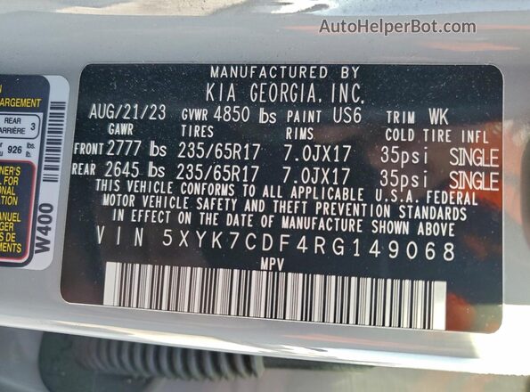 5XYK7CDF4RG149068 2024 KIA SPORTAGE Gray Вид наклейки з VIN-кодом