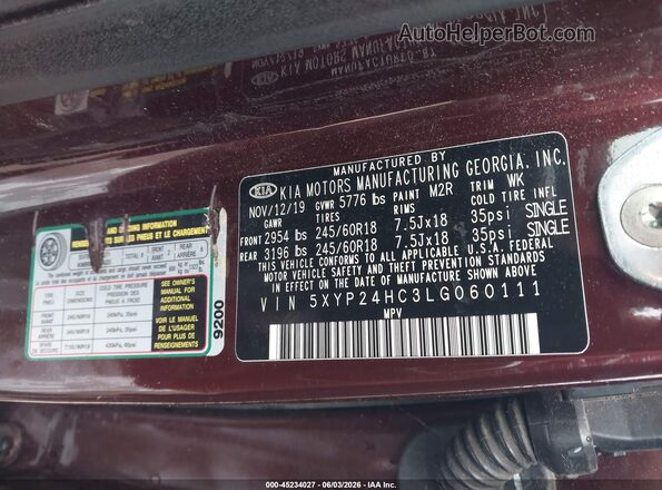 5XYP24HC3LG060111 2020 KIA TELLURIDE Maroon Engine compartment view