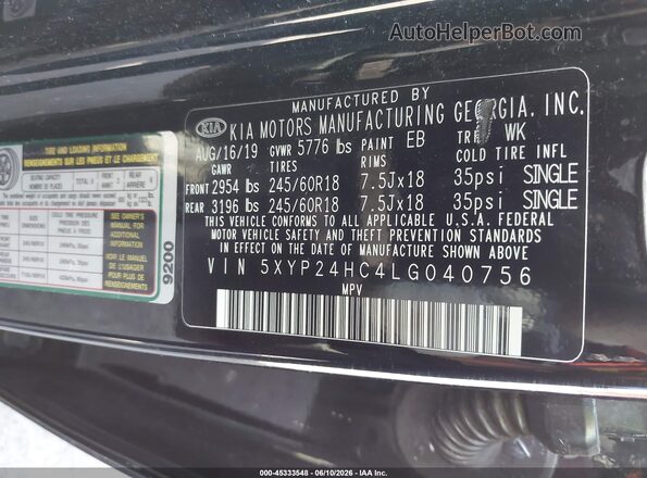 5XYP24HC4LG040756 2020 KIA TELLURIDE Black Vista del compartimento del motor