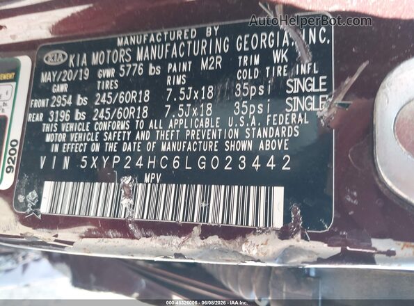 5XYP24HC6LG023442 2020 KIA TELLURIDE Фиолетовый Вид подкапотного пространства