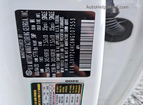 5XYP24HC6MG107553 2021 KIA TELLURIDE White VIN sticker view