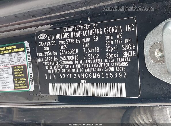 5XYP24HC6MG155392 2021 KIA TELLURIDE Black Vista del compartimento del motor