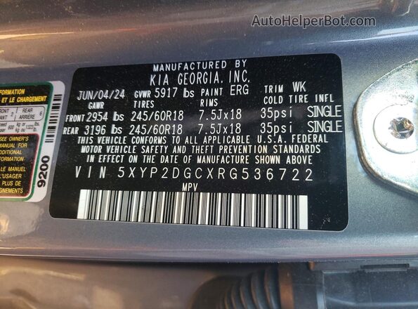 5XYP2DGCXRG536722 2024 KIA TELLURIDE Gray Vista de la etiqueta del VIN