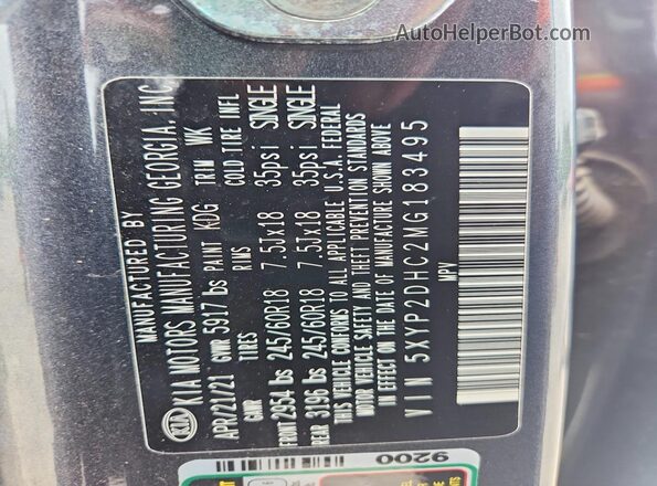 5XYP2DHC2MG183495 2021 KIA TELLURIDE Gray VIN sticker view
