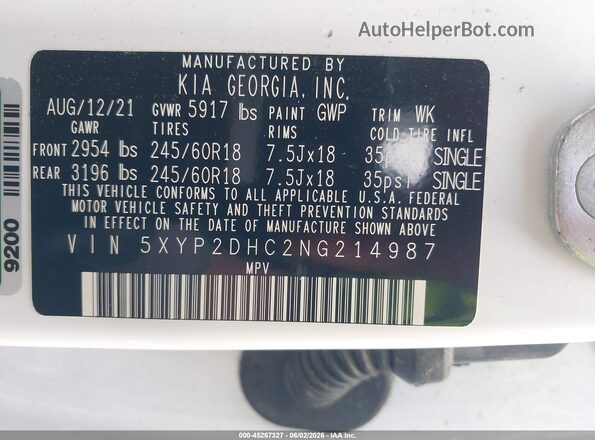 5XYP2DHC2NG214987 2022 KIA TELLURIDE Белый 