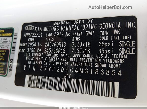 5XYP2DHC4MG183854 2021 KIA TELLURIDE White Вид підкапотного простору