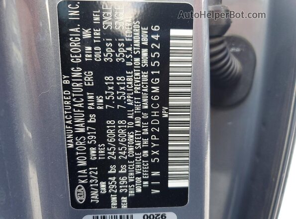 5XYP2DHC6MG155246 2021 KIA TELLURIDE Gray VIN კოდის სტიკერის ხედი