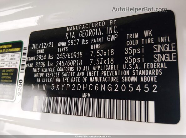 5XYP2DHC6NG205452 2022 KIA TELLURIDE White Вид підкапотного простору