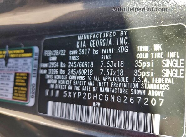 5XYP2DHC6NG267207 2022 KIA TELLURIDE Серый Вид наклейки с VIN-кодом
