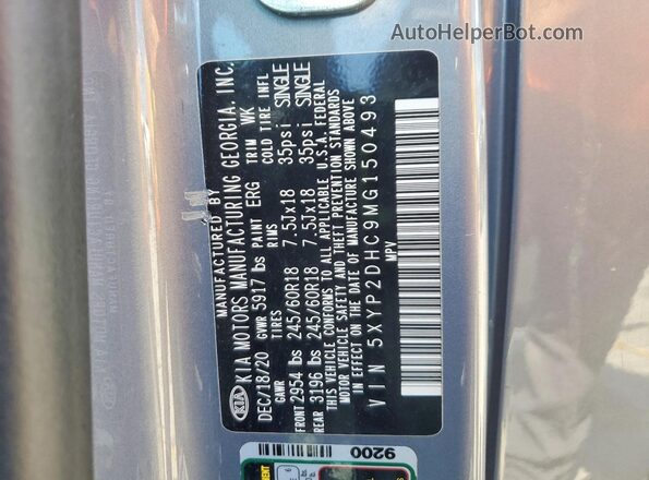 5XYP2DHC9MG150493 2021 KIA TELLURIDE Gray VIN sticker view