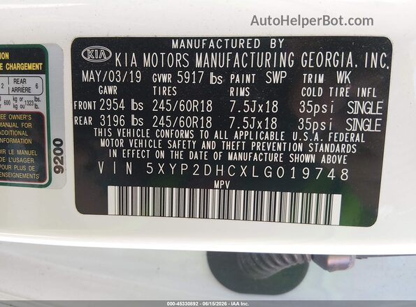 5XYP2DHCXLG019748 2020 KIA TELLURIDE White Vista del compartimento del motor