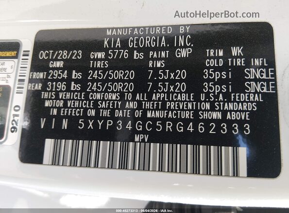 5XYP34GC5RG462333 2024 KIA TELLURIDE White Вид підкапотного простору