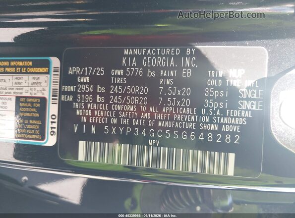 5XYP34GC5SG648282 2025 KIA TELLURIDE Black Engine compartment view