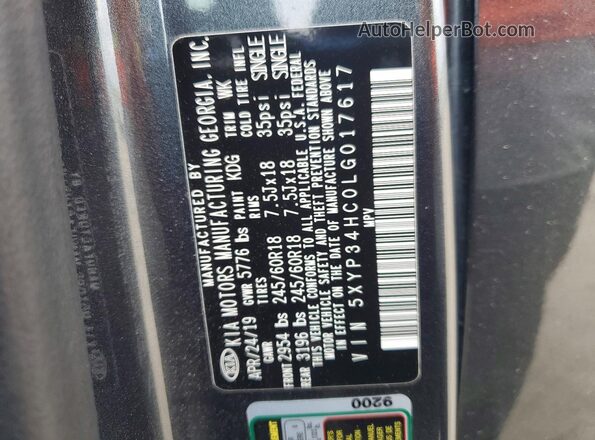 5XYP34HC0LG017617 2020 KIA TELLURIDE Charcoal VIN կոդի պիտակի տեսք