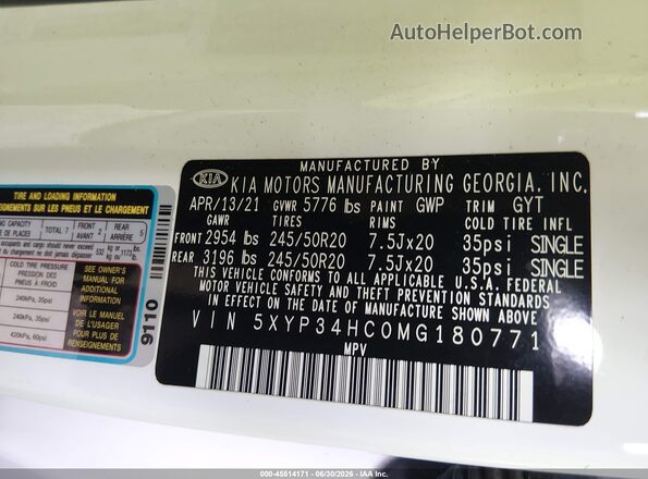 5XYP34HC0MG180771 2021 KIA TELLURIDE White Vista del compartimento del motor