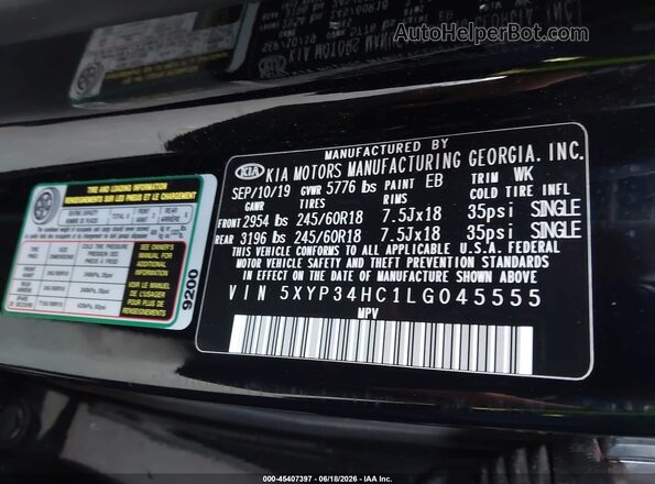 5XYP34HC1LG045555 2020 KIA TELLURIDE Black Вид підкапотного простору