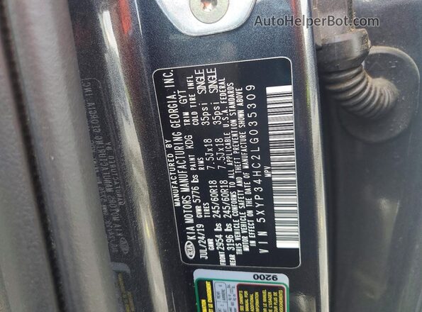 5XYP34HC2LG035309 2020 KIA TELLURIDE Черный Вид наклейки с VIN-кодом
