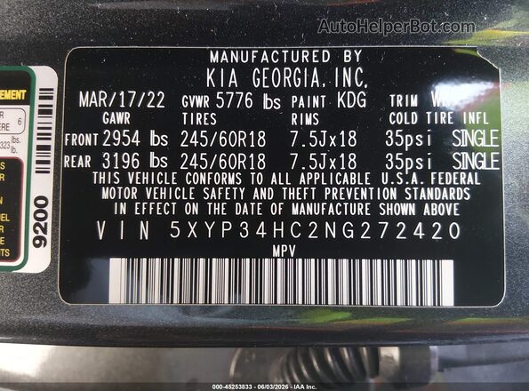5XYP34HC2NG272420 2022 KIA TELLURIDE Gray Widok komory silnika