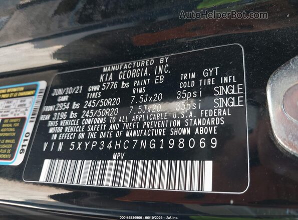 5XYP34HC7NG198069 2022 KIA TELLURIDE Black Vista del compartimento del motor