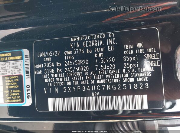5XYP34HC7NG251823 2022 KIA TELLURIDE Black Вид підкапотного простору