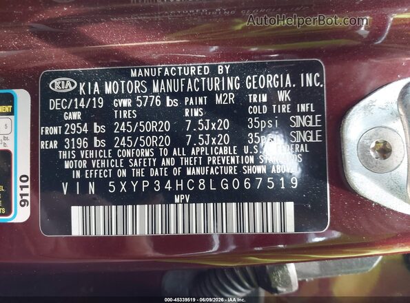 5XYP34HC8LG067519 2020 KIA TELLURIDE Red Vista del compartimento del motor