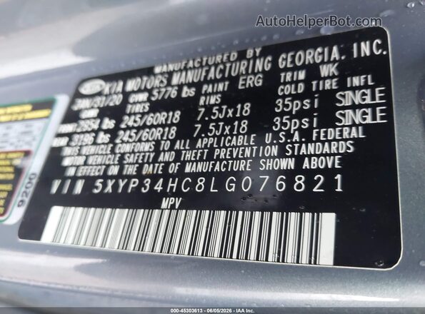 5XYP34HC8LG076821 2020 KIA TELLURIDE Gray Вид підкапотного простору