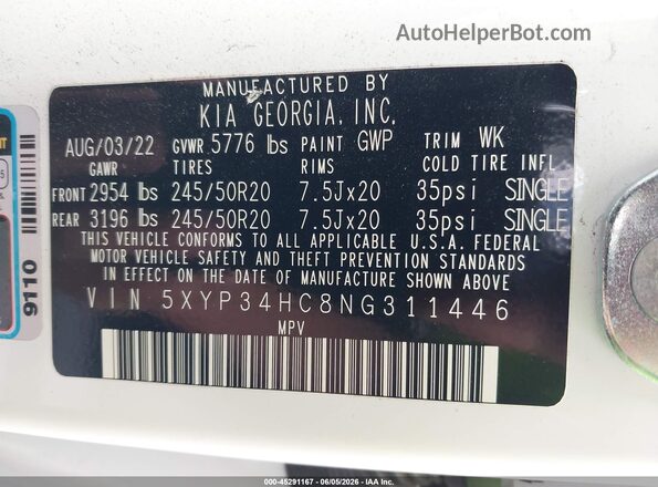 5XYP34HC8NG311446 2022 KIA TELLURIDE White Vista del compartimento del motor