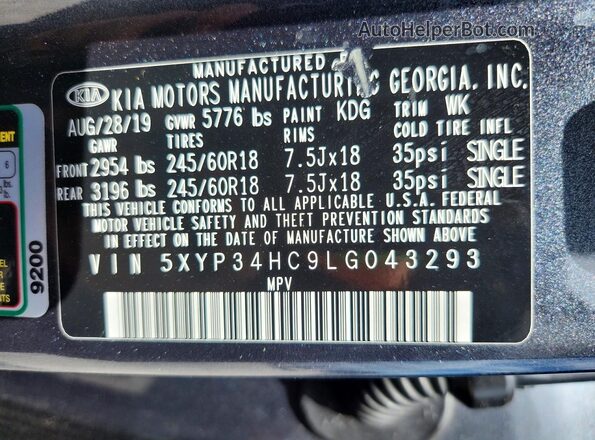 5XYP34HC9LG043293 2020 KIA TELLURIDE Charcoal VIN sticker view