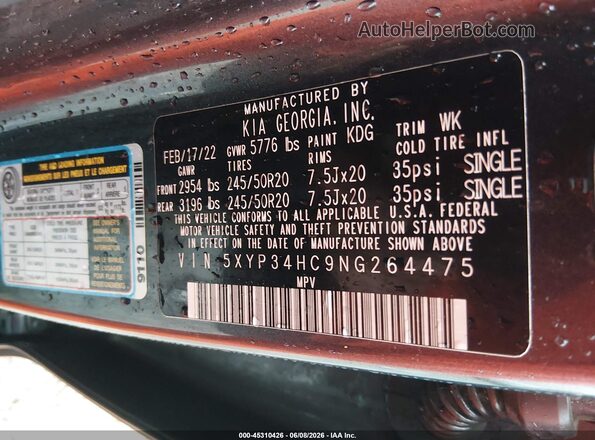 5XYP34HC9NG264475 2022 KIA TELLURIDE Gray Vista del compartimento del motor
