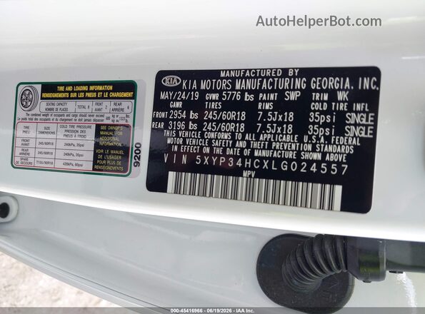 5XYP34HCXLG024557 2020 KIA TELLURIDE White Вид підкапотного простору