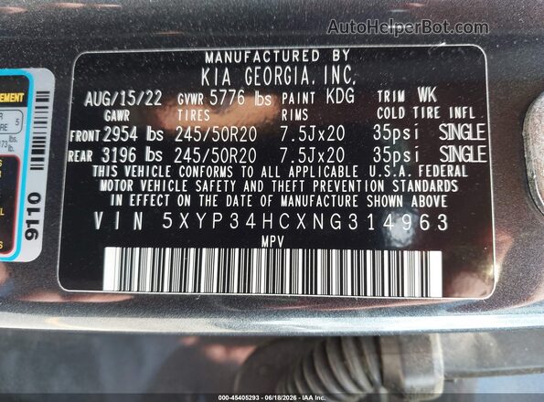 5XYP34HCXNG314963 2022 KIA TELLURIDE Gray Widok komory silnika