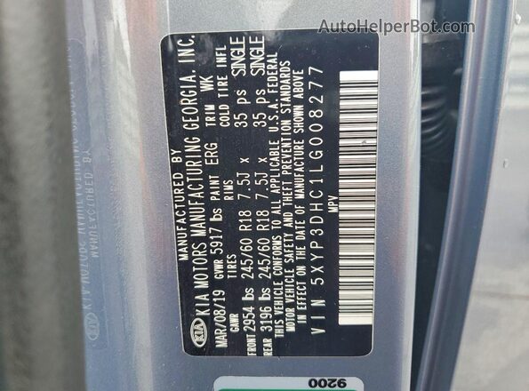 5XYP3DHC1LG008277 2020 KIA TELLURIDE Gray Vista de la etiqueta del VIN