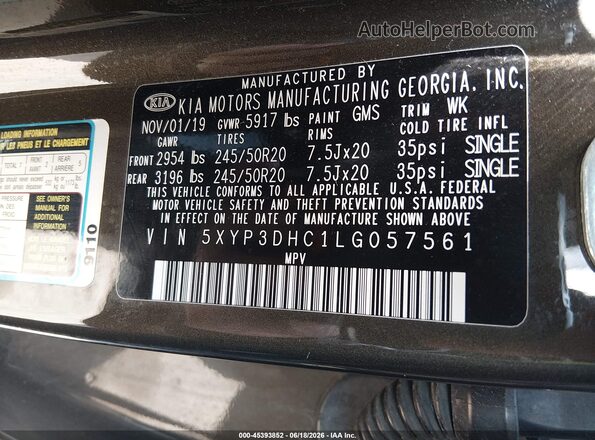 5XYP3DHC1LG057561 2020 KIA TELLURIDE Серый Вид подкапотного пространства