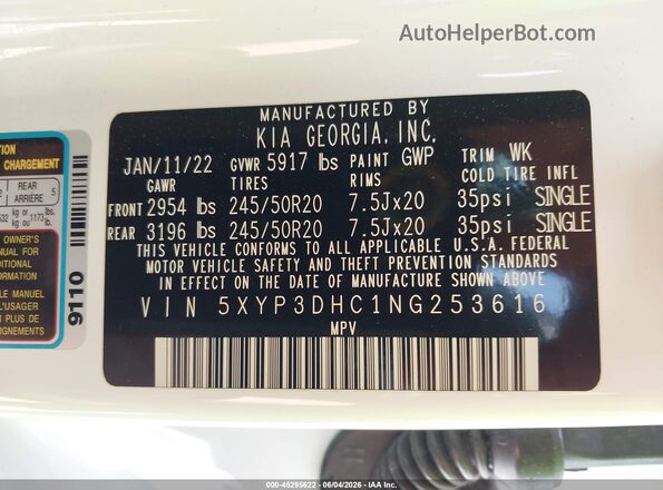 5XYP3DHC1NG253616 2022 KIA TELLURIDE White Вид підкапотного простору