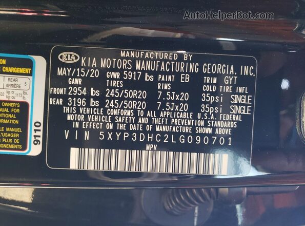 5XYP3DHC2LG090701 2020 KIA TELLURIDE Black 