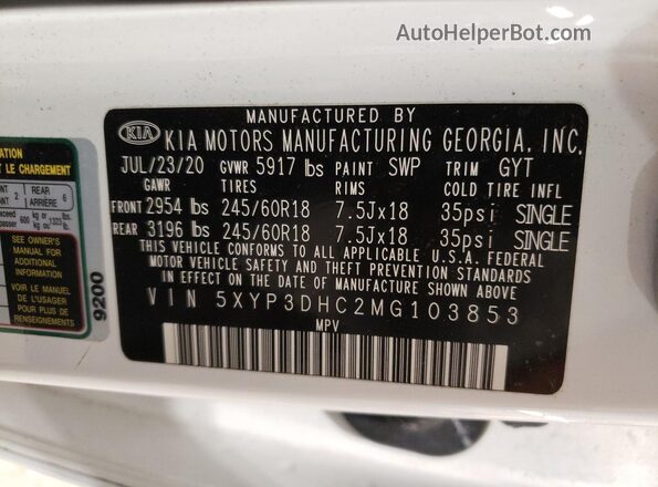 5XYP3DHC2MG103853 2021 KIA TELLURIDE White Vista de la etiqueta del VIN
