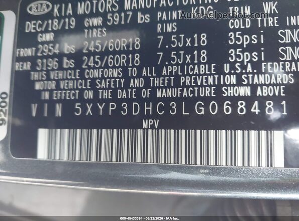 5XYP3DHC3LG068481 2020 KIA TELLURIDE Gray Engine compartment view