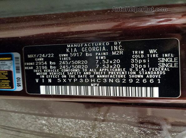5XYP3DHC3NG292661 2022 KIA TELLURIDE Maroon Widok naklejki z numerem VIN
