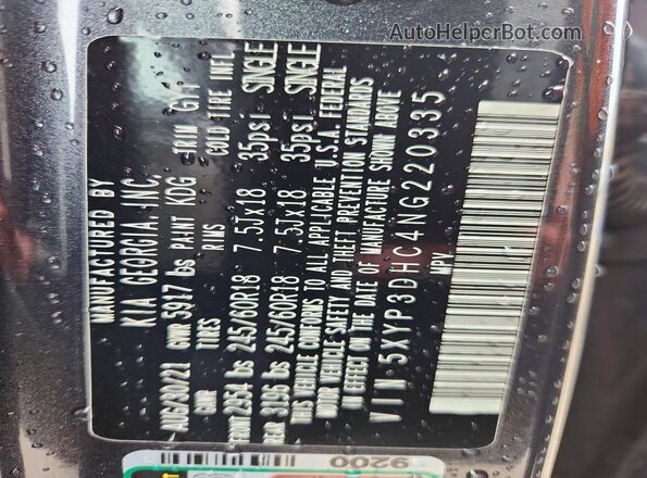 5XYP3DHC4NG220335 2022 KIA TELLURIDE Charcoal Widok naklejki z numerem VIN