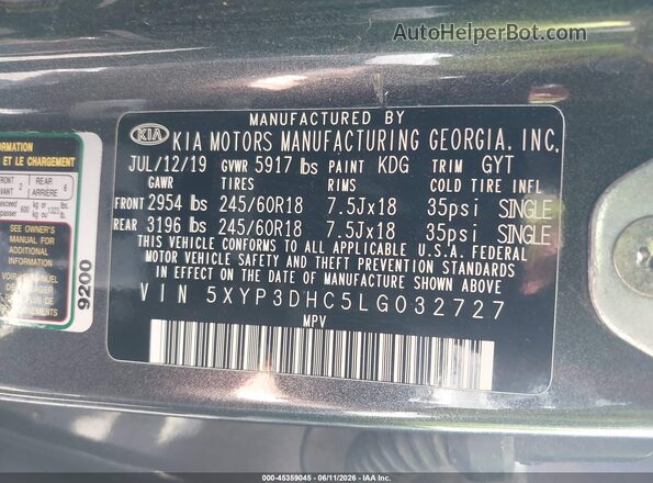5XYP3DHC5LG032727 2020 KIA TELLURIDE Gray ძრავის განყოფილების ხედი
